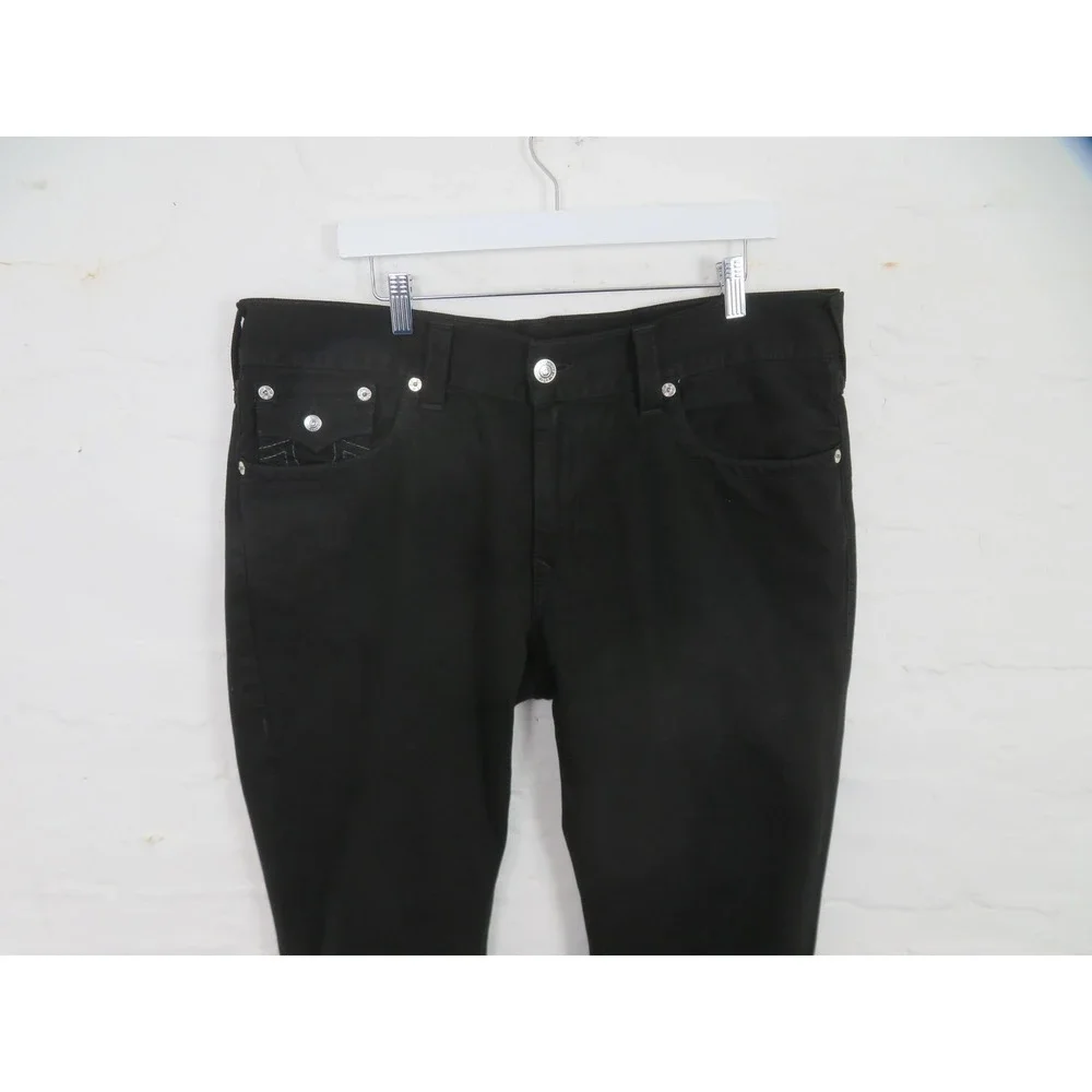 True Religion Straight Jeans Mens 38x30 Black Flap Pockets Logo Denim Casual